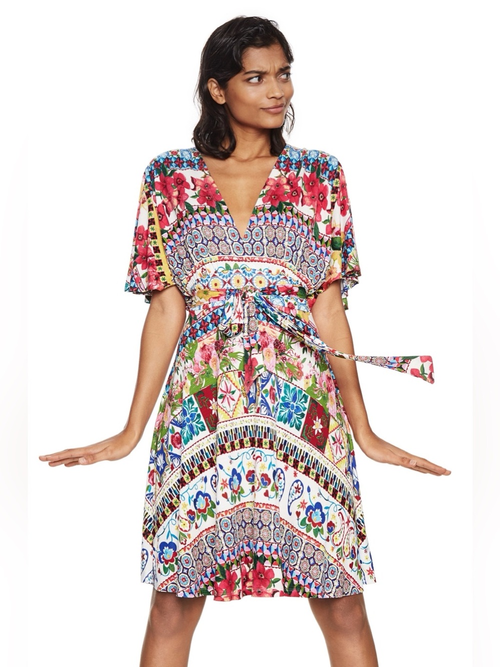 Desigual Leyla mini dress wrap kimono patchwork floral mixed print tile flare
